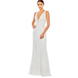 MacDuggal White Sequin Column Gown Bridal Formal Wedding Prom Event Dress 12 NWT
